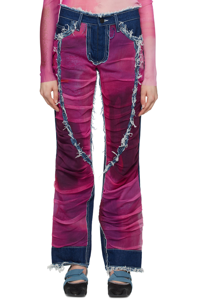 Paneled non-stretch denim jeans. Gathering, and frayed edges, and nylon mesh trim throughout. 

· Layered construction
· Belt loops
· Five-pocket styling
· Zip-fly
· Logo patch at back waistband
· Contrast stitching in white

Supplier color: Blue/Fuchsia