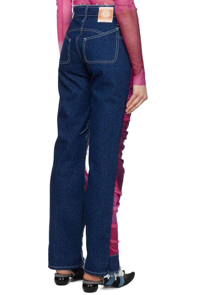Paneled non-stretch denim jeans. Gathering, and frayed edges, and nylon mesh trim throughout. 

· Layered construction
· Belt loops
· Five-pocket styling
· Zip-fly
· Logo patch at back waistband
· Contrast stitching in white

Supplier color: Blue/Fuchsia