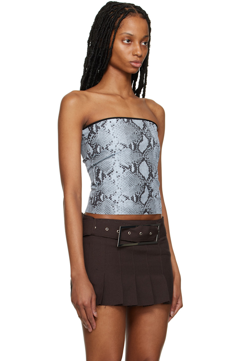 Stretch polyester jersey camisole. Graphic pattern printed throughout.

· Elasticized straight neck
· Raw edge at hem
· Partial mesh lining

Supplier color: Moody blue