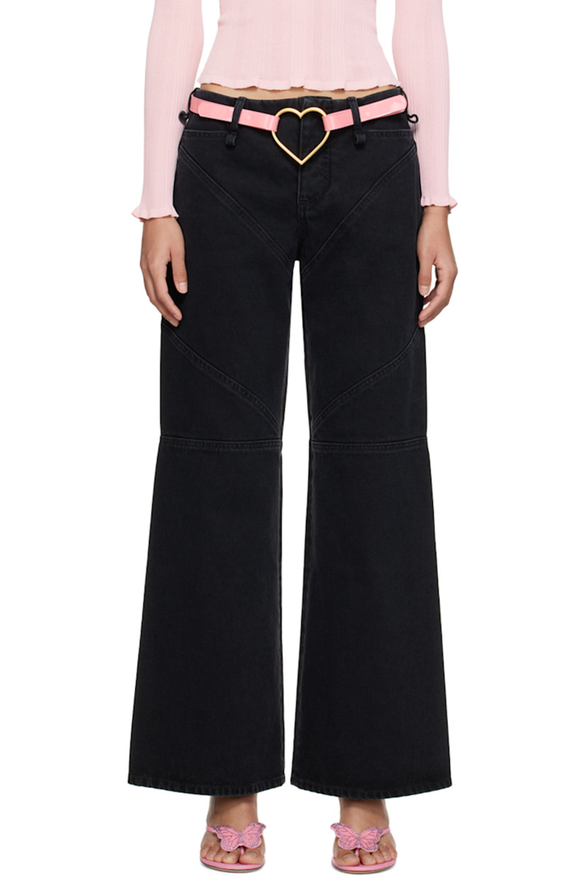 Non-stretch denim jeans. Fading throughout. 

· High-rise 
· Belt loops 
· Three-pocket styling 
· Button-fly 
· Darts at front and back 
· Flared cuffs 

Supplier color: Black