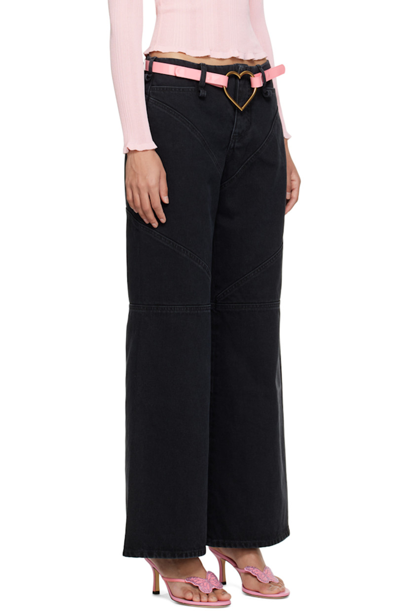 Non-stretch denim jeans. Fading throughout. 

· High-rise 
· Belt loops 
· Three-pocket styling 
· Button-fly 
· Darts at front and back 
· Flared cuffs 

Supplier color: Black