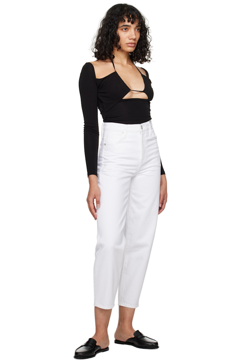 Non-stretch denim jeans. 

· High-rise
· Belt loops
· Five-pocket styling
· Zip-fly
· Logo-engraved silver-tone hardware

Supplier color: Rumpled blanc