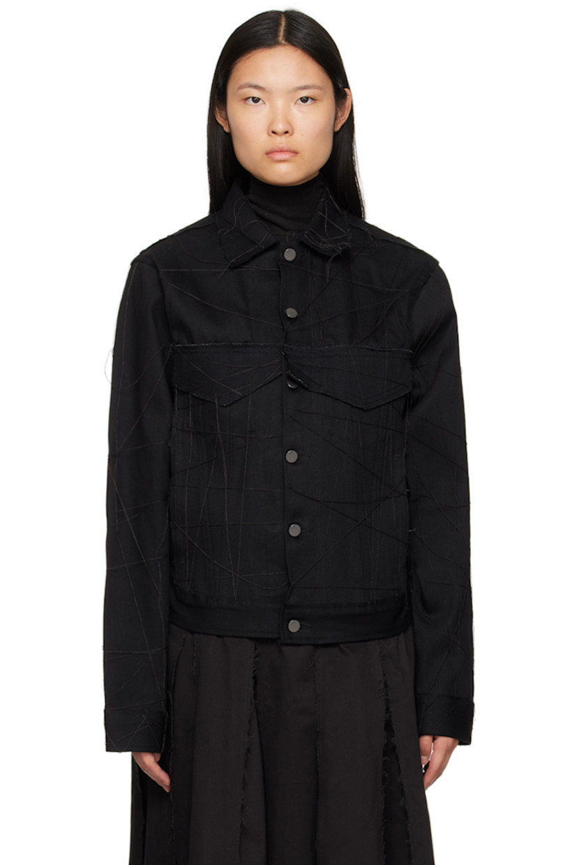 Non-stretch denim jacket. Raw edges and graphic stitching throughout.

· Spread collar
· Button closure
· Flap pockets and seam pockets
· Single-button barrel cuffs
· Logo embroidered at back
· Patch pockets at interior
· Unlined

This item is part of a limited run of 18.

Supplier color: Black