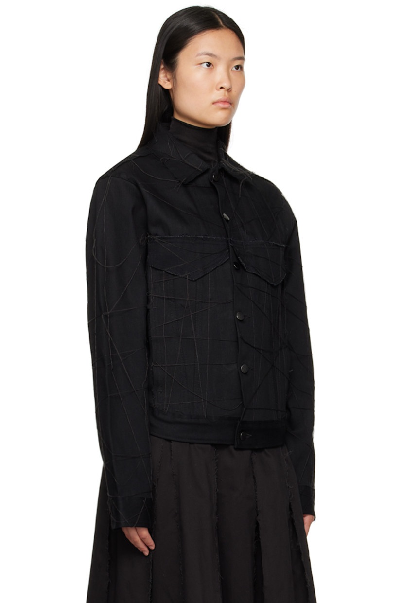 Non-stretch denim jacket. Raw edges and graphic stitching throughout.

· Spread collar
· Button closure
· Flap pockets and seam pockets
· Single-button barrel cuffs
· Logo embroidered at back
· Patch pockets at interior
· Unlined

This item is part of a limited run of 18.

Supplier color: Black