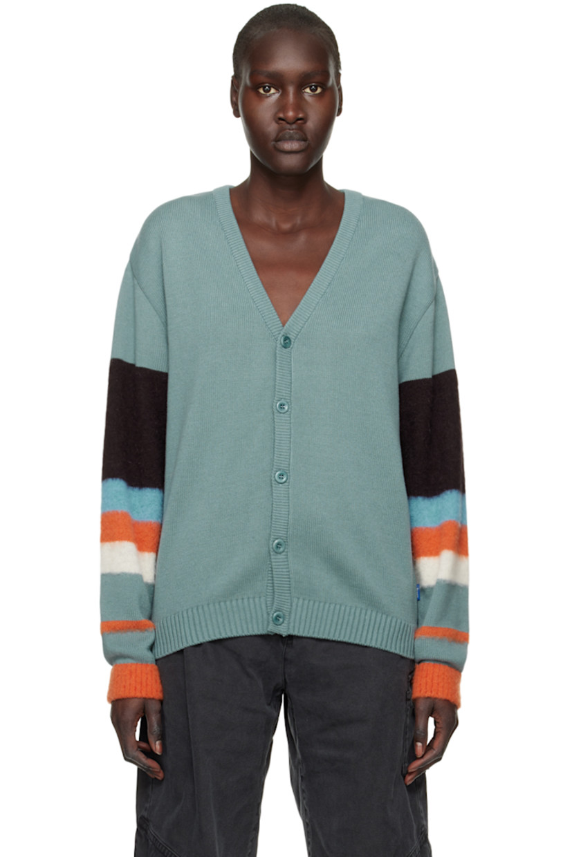 Knit cotton and mohair-blend cardigan.

· Paneled construction
· Rib knit Y-neck, hem, and cuffs
· Button closure
· Stripes at sleeves

Supplier color: Teal/Multi