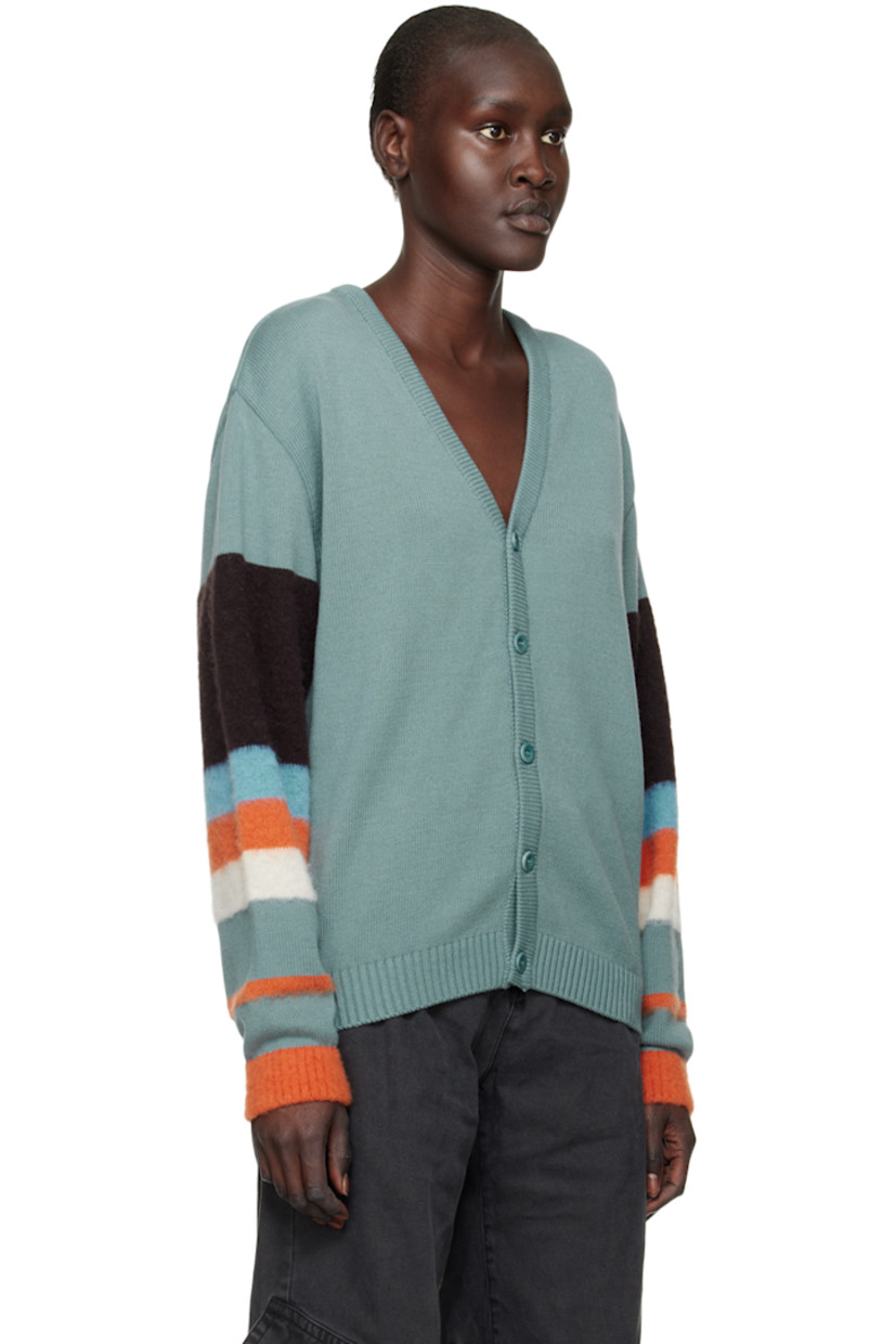 Knit cotton and mohair-blend cardigan.

· Paneled construction
· Rib knit Y-neck, hem, and cuffs
· Button closure
· Stripes at sleeves

Supplier color: Teal/Multi