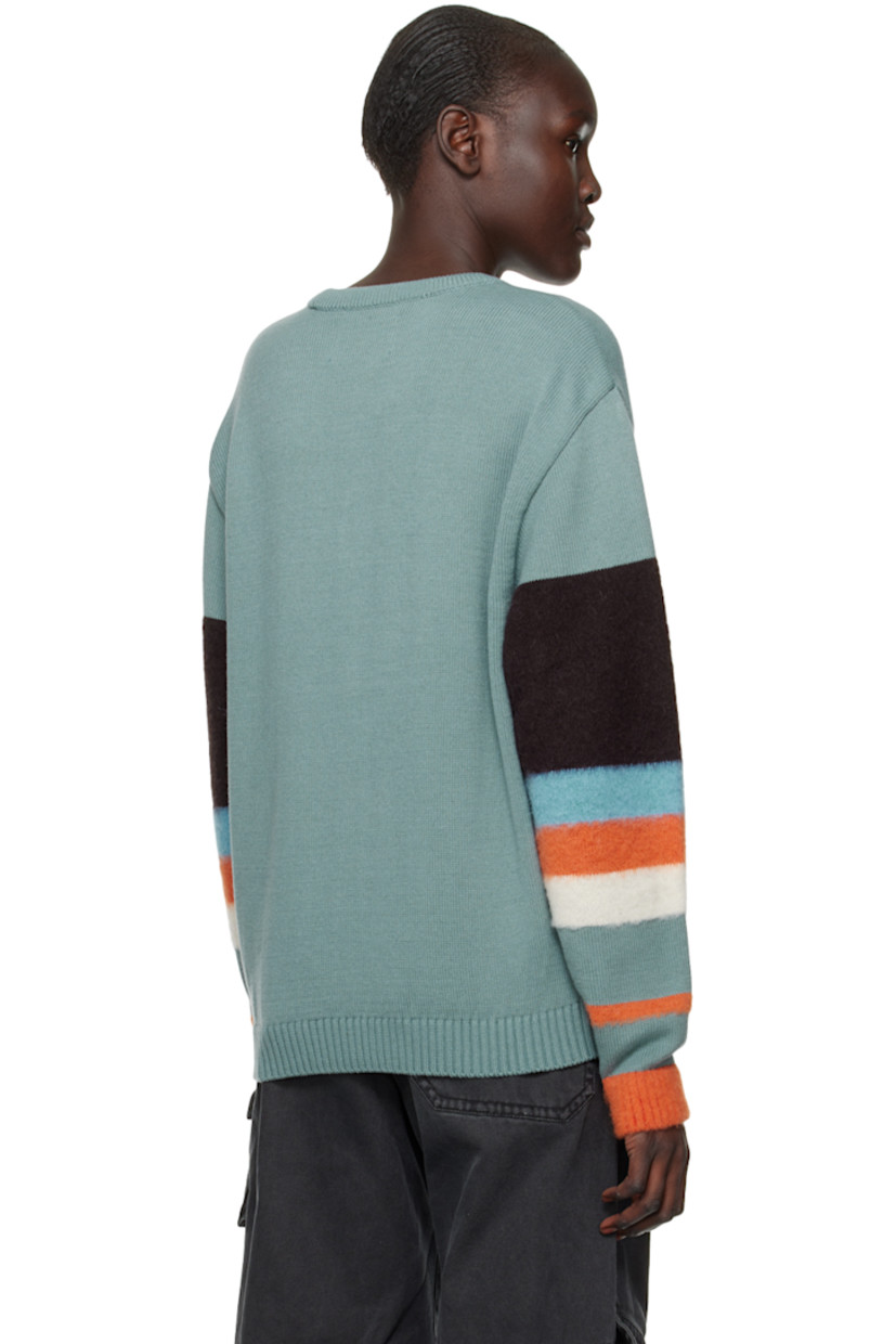 Knit cotton and mohair-blend cardigan.

· Paneled construction
· Rib knit Y-neck, hem, and cuffs
· Button closure
· Stripes at sleeves

Supplier color: Teal/Multi
