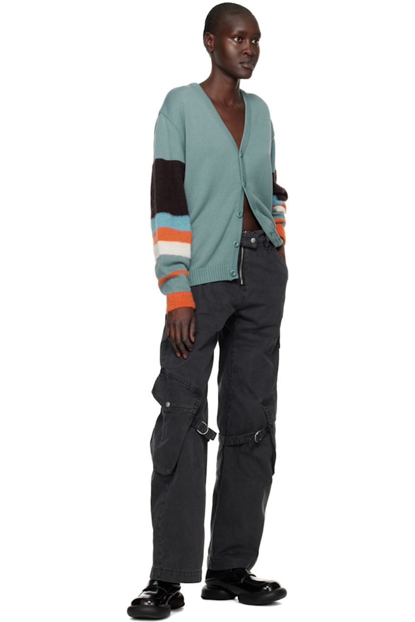 Knit cotton and mohair-blend cardigan.

· Paneled construction
· Rib knit Y-neck, hem, and cuffs
· Button closure
· Stripes at sleeves

Supplier color: Teal/Multi