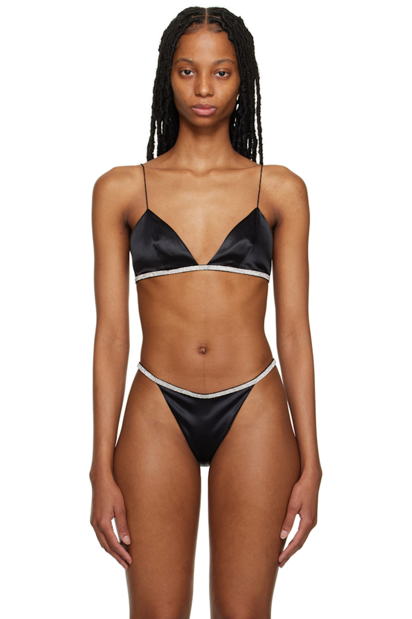 Stretch silk satin bra.

· V-neck
· Crystal-cut detailing at hem
· Fixed shoulder straps
· Tab-slot closure at back
· Fully lined

Supplier color: Black