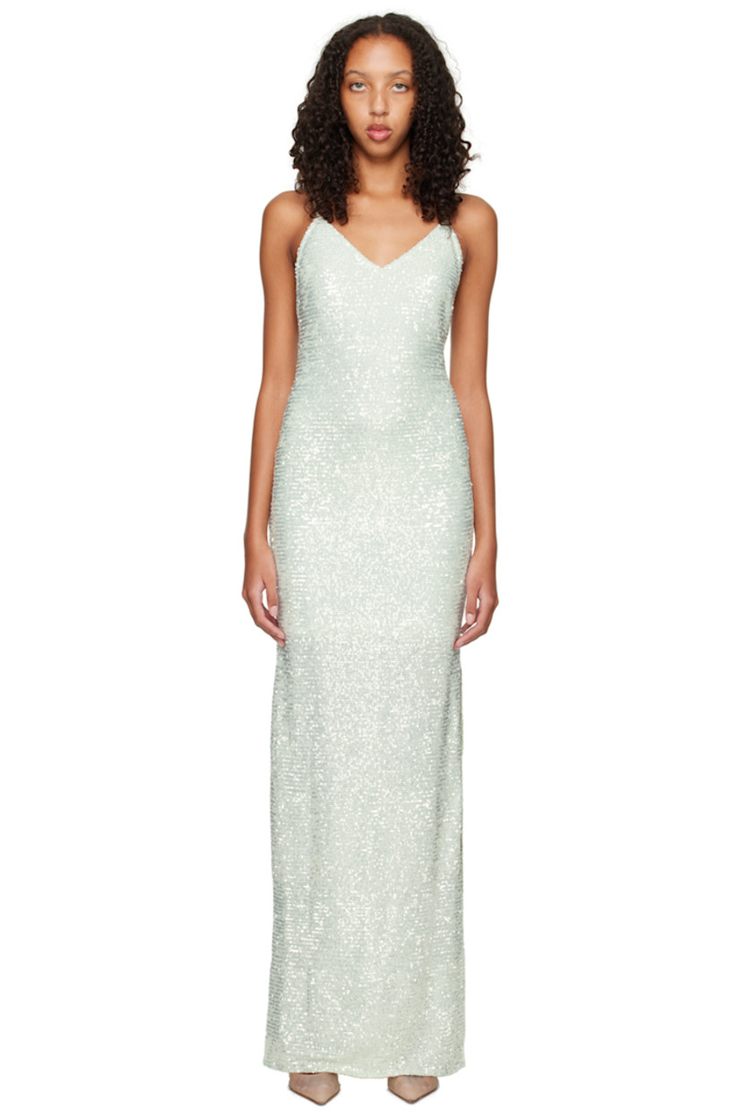 Sequinned stretch nylon mesh dress. 

· V-neck
· Concealed zip closure at side seam
· Fixed spaghetti straps
· Central vent at back hem
· Partial stretch jersey lining 

Supplier color: Water green