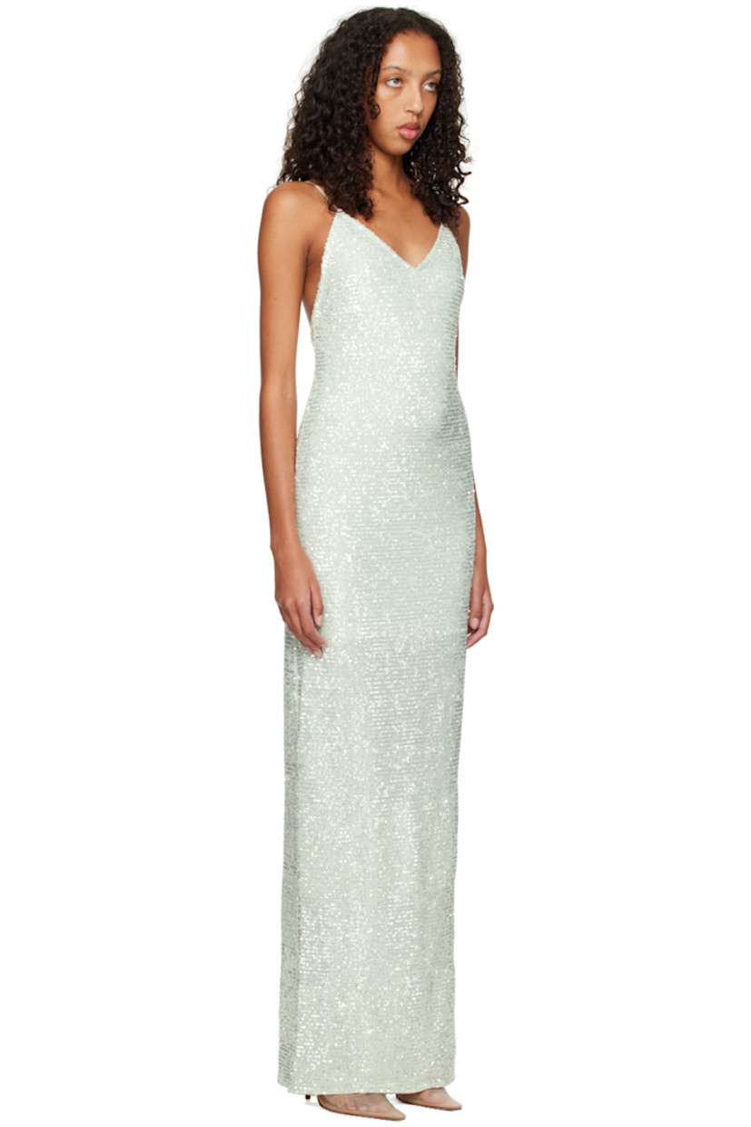 Sequinned stretch nylon mesh dress. 

· V-neck
· Concealed zip closure at side seam
· Fixed spaghetti straps
· Central vent at back hem
· Partial stretch jersey lining 

Supplier color: Water green