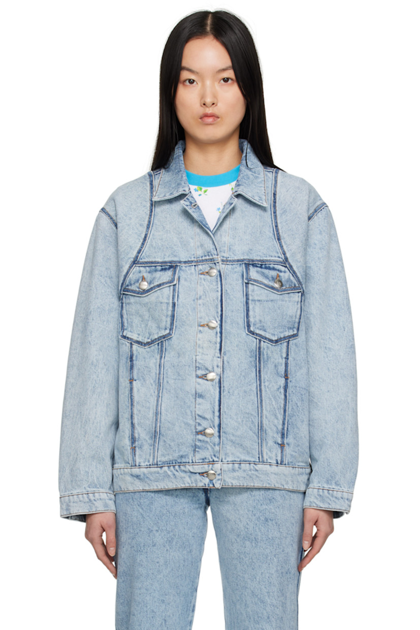 Non-stretch denim jacket. Fading throughout.

· Paneled construction
· Spread collar
· Button closure
· Flap pockets and welt pockets
· Raglan sleeves
· Button fastening at cuffs
· Adjustable button tab at back hem
· Logo-engraved silver-tone hardware
· Contrast stitching in yellow

Supplier color: Washed-out denim