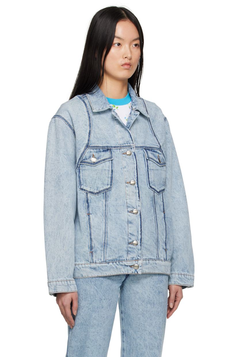 Non-stretch denim jacket. Fading throughout.

· Paneled construction
· Spread collar
· Button closure
· Flap pockets and welt pockets
· Raglan sleeves
· Button fastening at cuffs
· Adjustable button tab at back hem
· Logo-engraved silver-tone hardware
· Contrast stitching in yellow

Supplier color: Washed-out denim