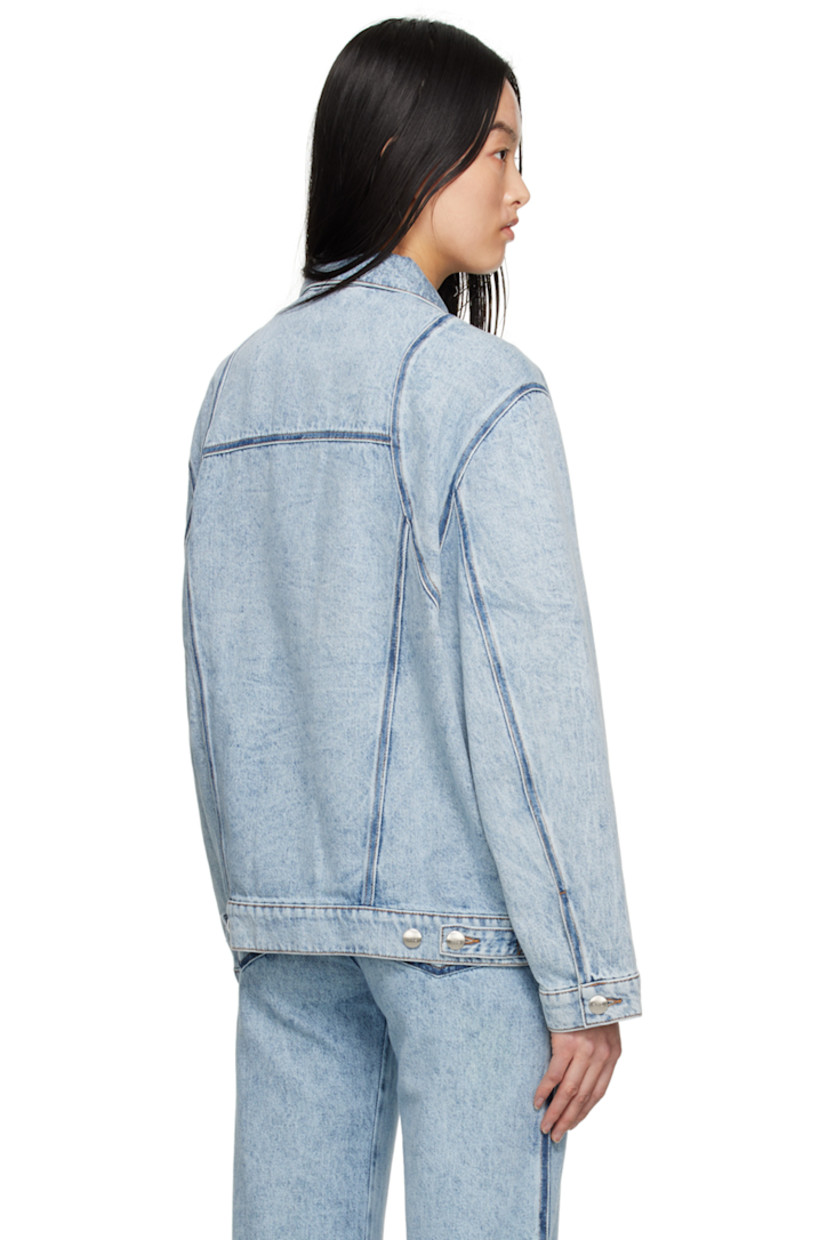 Non-stretch denim jacket. Fading throughout.

· Paneled construction
· Spread collar
· Button closure
· Flap pockets and welt pockets
· Raglan sleeves
· Button fastening at cuffs
· Adjustable button tab at back hem
· Logo-engraved silver-tone hardware
· Contrast stitching in yellow

Supplier color: Washed-out denim