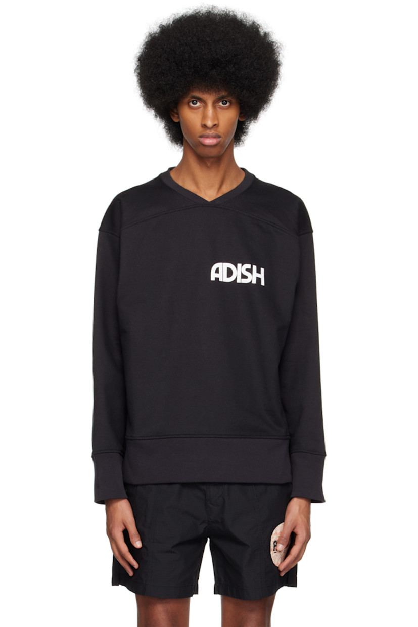 French terry sweater.

· Rib knit V-neck, hem, side seams, and cuffs
· Logo printed at chest and back
· Hand-embroidered detailing at back

Supplier color: Black