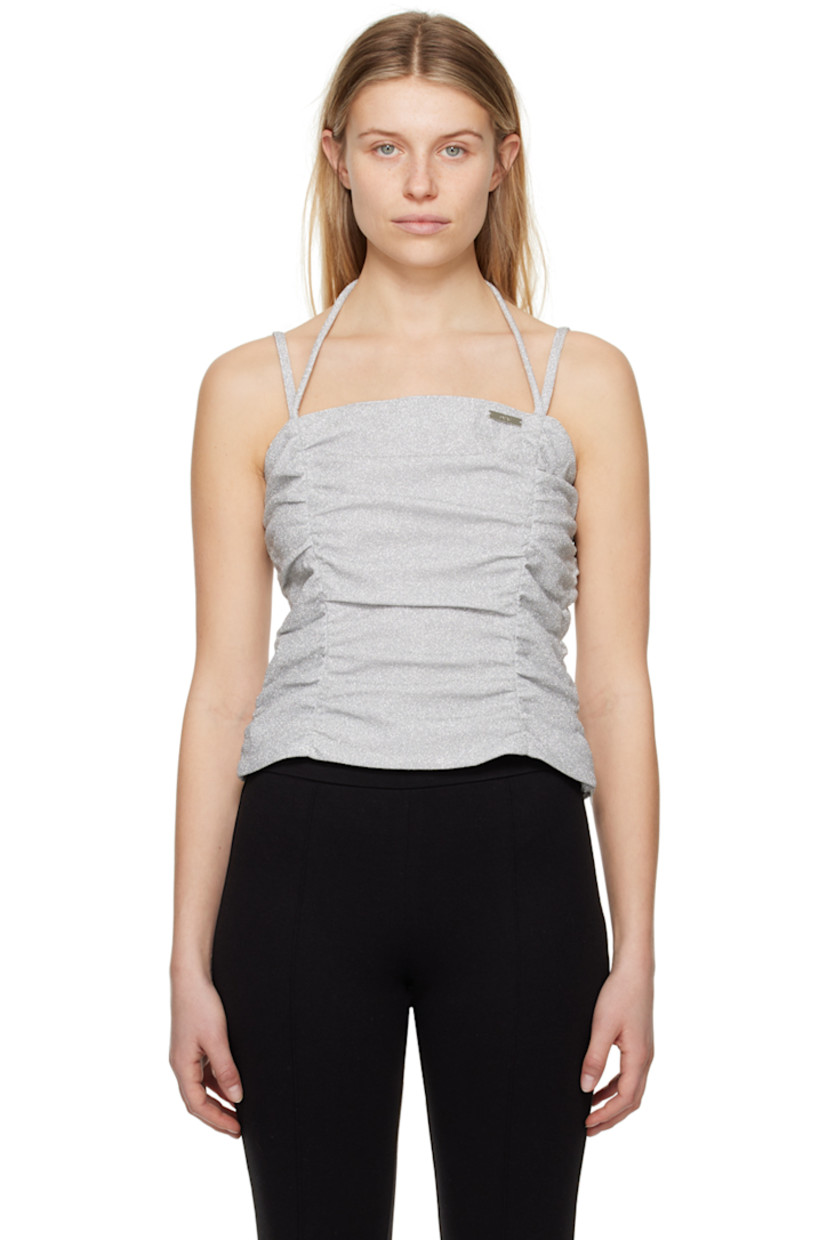 Stretch nylon-blend lamé tank top. Ruching throughout. 

· Halter strap at square neck 
· Logo plaque at chest 
· Concealed zip closure at side seam 
· Chain-link detailing at adjustable shoulder straps 
· Partial satin lining 

Supplier color: Silver