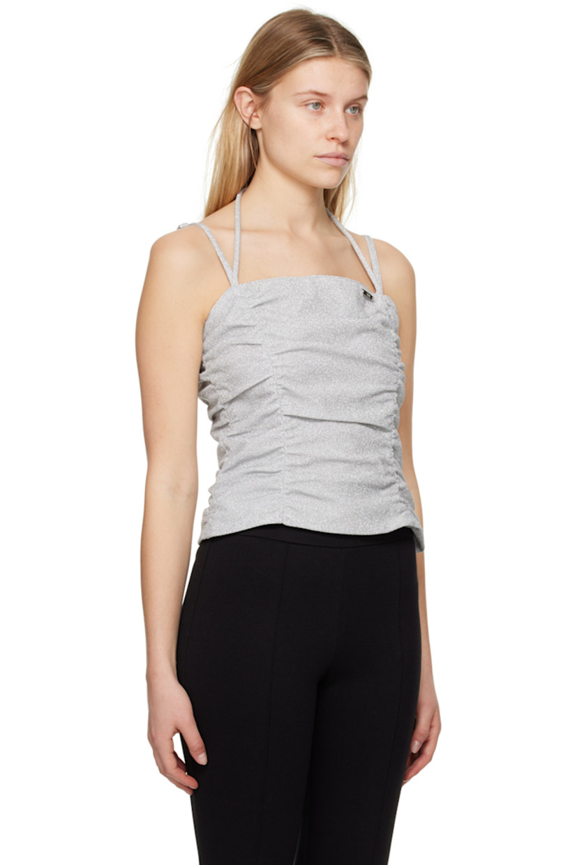 Stretch nylon-blend lamé tank top. Ruching throughout. 

· Halter strap at square neck 
· Logo plaque at chest 
· Concealed zip closure at side seam 
· Chain-link detailing at adjustable shoulder straps 
· Partial satin lining 

Supplier color: Silver