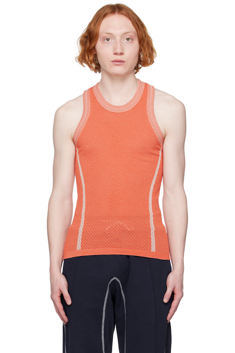 Knit organic cotton tank top. Drop stitch detailing throughout.

· Rib knit scoop neck and armscyes
· Jacquard stripes at front
· Jacquard logo at back

Supplier color: Orange