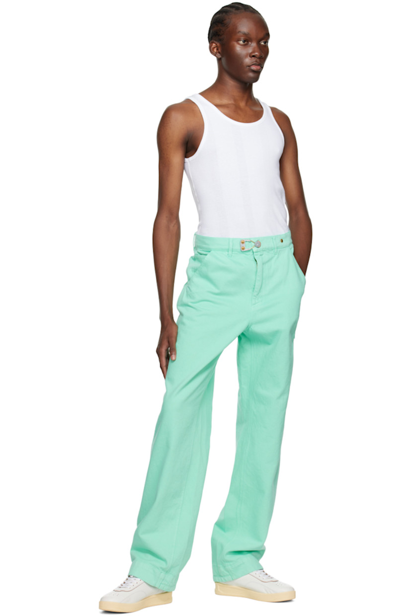 Loose-fit garment-dyed non-stretch deadstock cotton denim jeans. 

· Belt loops
· Five-pocket styling
· Zip-fly
· Hand-stamped logo at hammer loop and back pocket
· Patch pockets at outseam

Supplier color: Arsham green