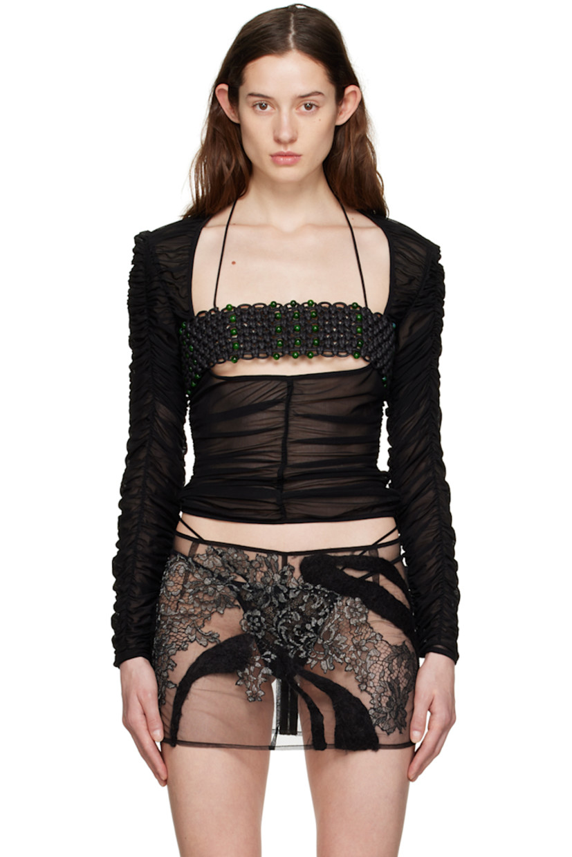 Sheer polyester mesh T-shirt. 

· Ruching throughout
· Plunging scoop neck

Available exclusively at SSENSE.

Supplier color: Black