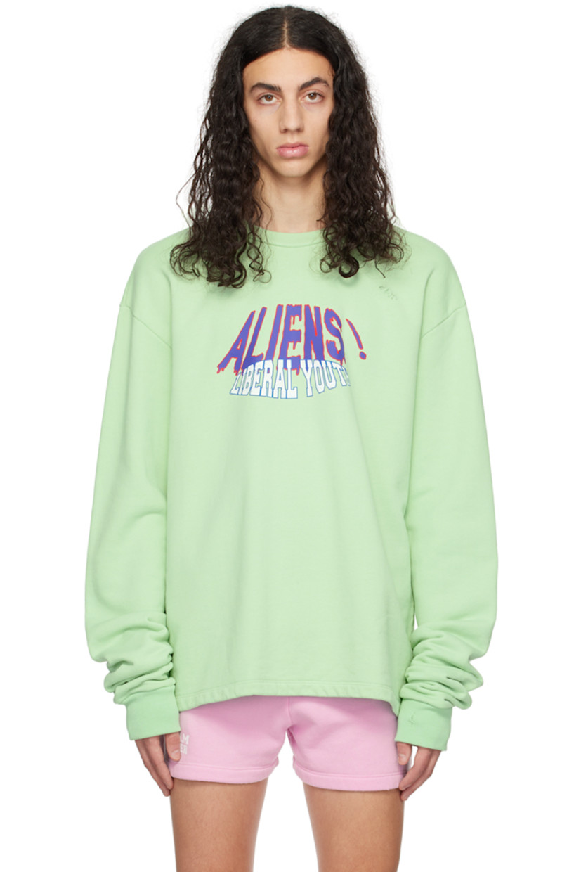 French terry sweatshirt. Distressing throughout.

· Rib knit crewneck and cuffs
· Logo and text printed at chest

Available exclusively at SSENSE.

Supplier color: Green