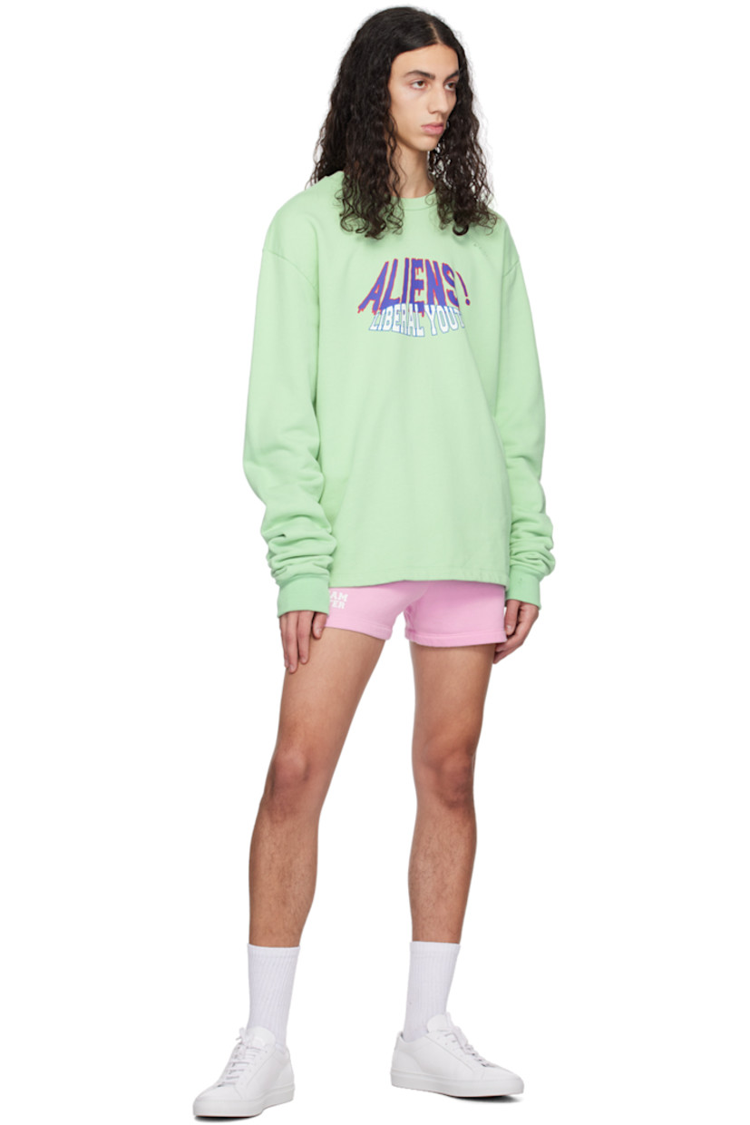 French terry sweatshirt. Distressing throughout.

· Rib knit crewneck and cuffs
· Logo and text printed at chest

Available exclusively at SSENSE.

Supplier color: Green