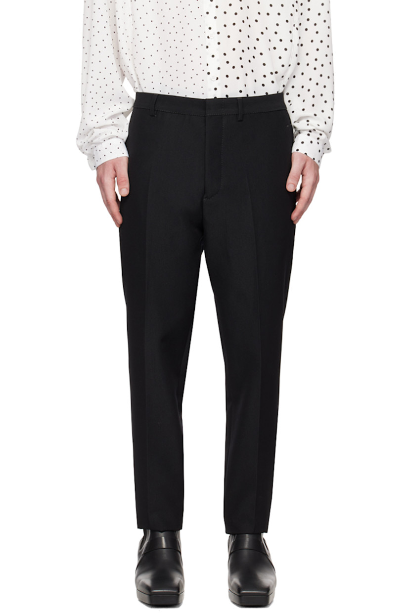Virgin wool-blend gabardine trousers. 

· Belt loops
· Four-pocket styling 
· Button-fly 
· Central crease at front and back legs 
· Partial plain-woven cotton- and viscose-blend lining

Supplier color: Black