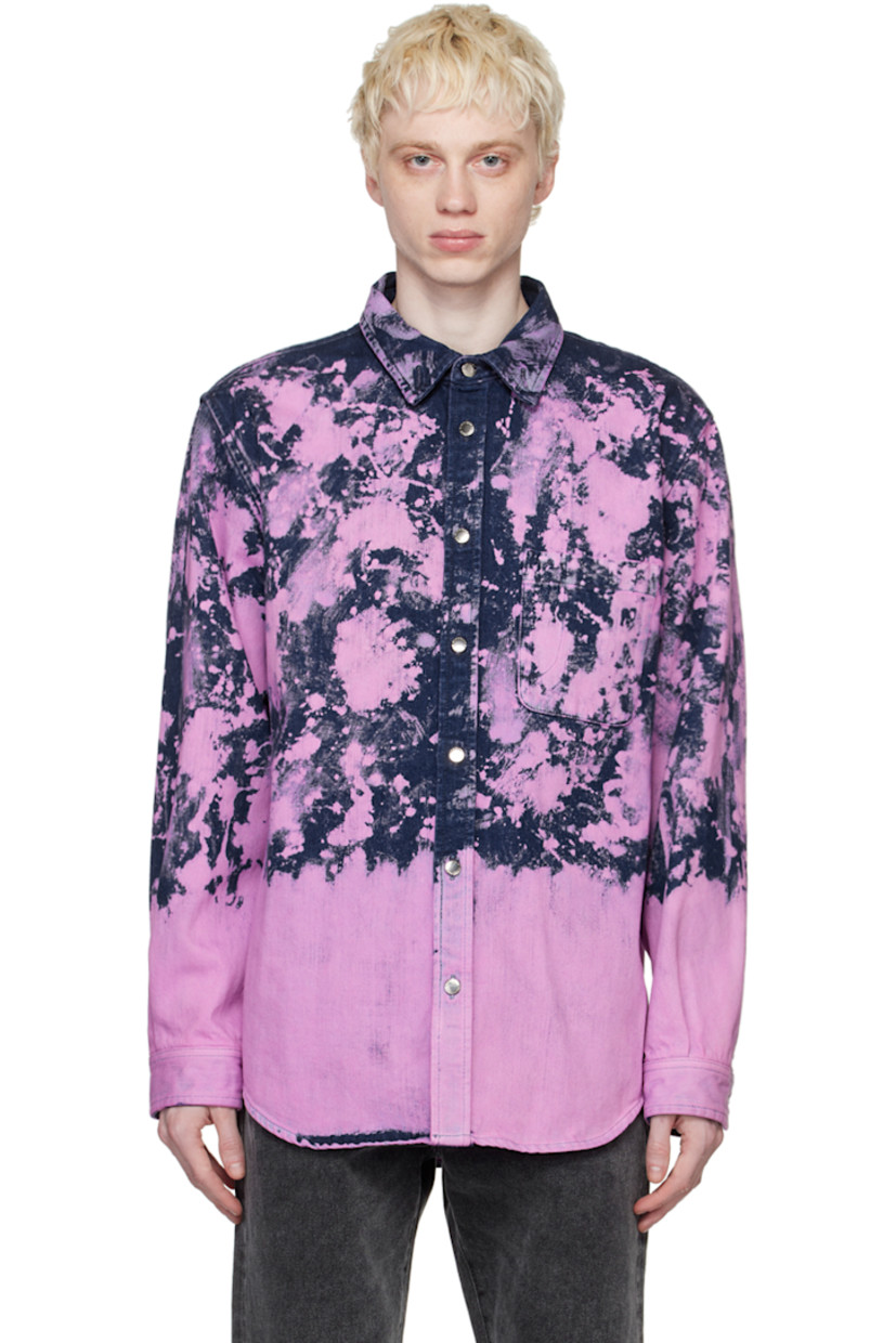 Non-stretch denim jacket. Fading and acid wash effect throughout.

· Spread collar
· Button closure
· Patch pocket
· Shirttail hem
· Two-button barrel cuffs
· Logo-engraved silver-tone hardware

Supplier color: Blue/Pink