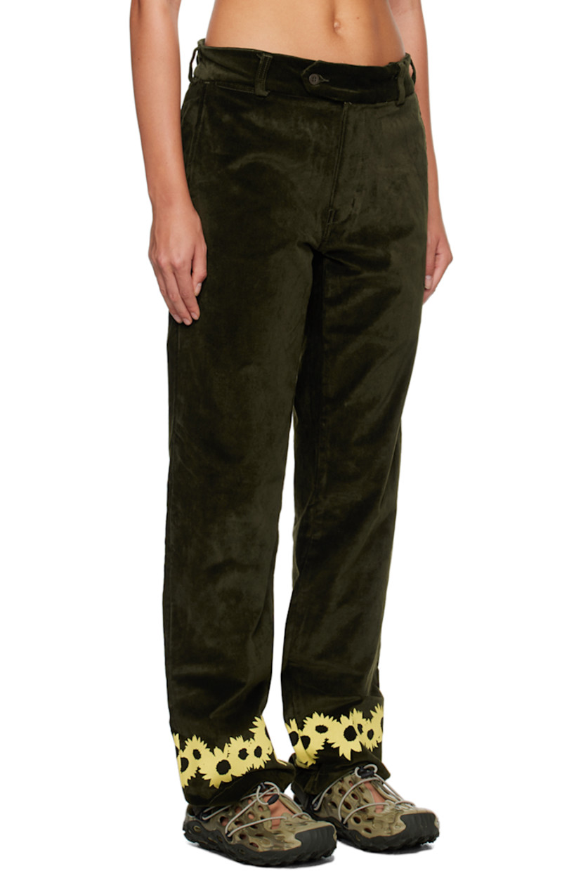Relaxed-fit stretch cotton-blend velvet trousers.

· Belt loops
· Button tab at waistband
· Five-pocket styling
· Zip-fly
· Logo embroidered at front
· Floral pattern printed at cuffs
· Logo flag at outseam

Supplier color: Moss green
