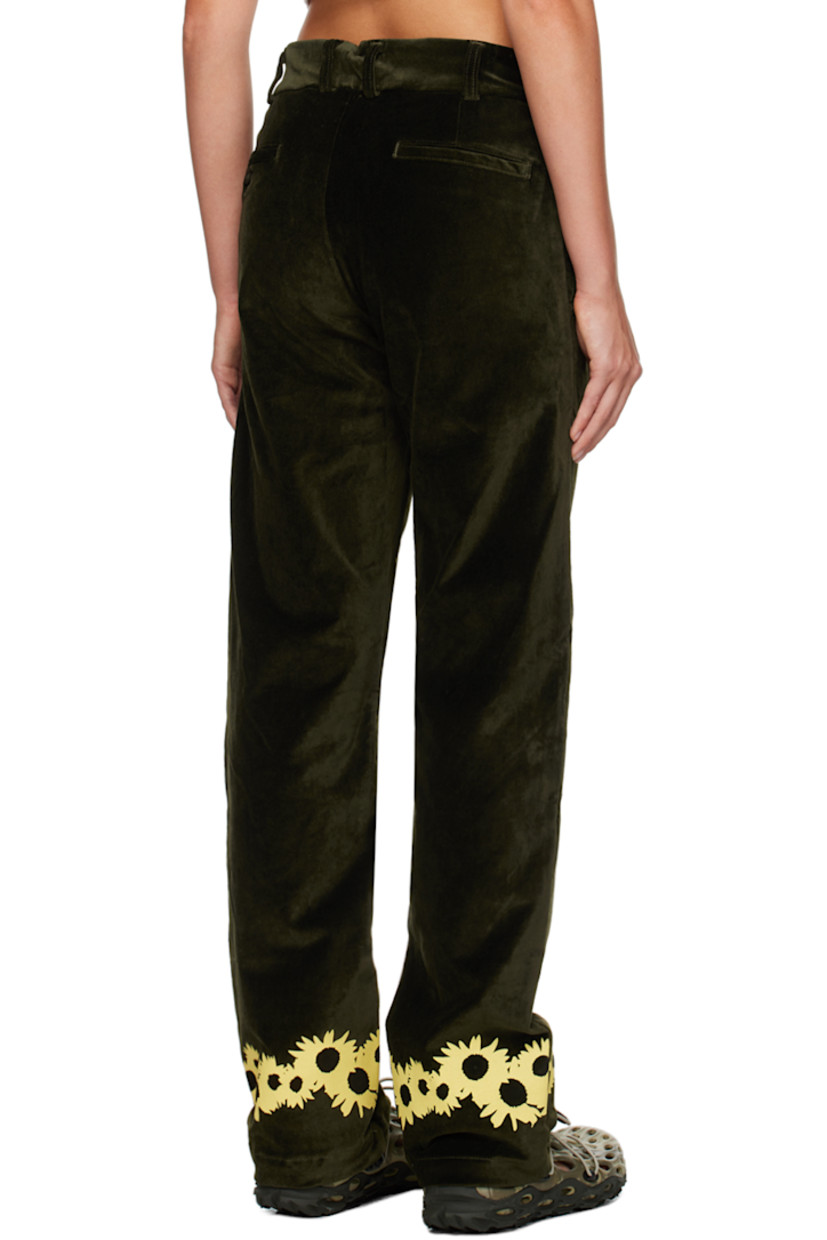 Relaxed-fit stretch cotton-blend velvet trousers.

· Belt loops
· Button tab at waistband
· Five-pocket styling
· Zip-fly
· Logo embroidered at front
· Floral pattern printed at cuffs
· Logo flag at outseam

Supplier color: Moss green