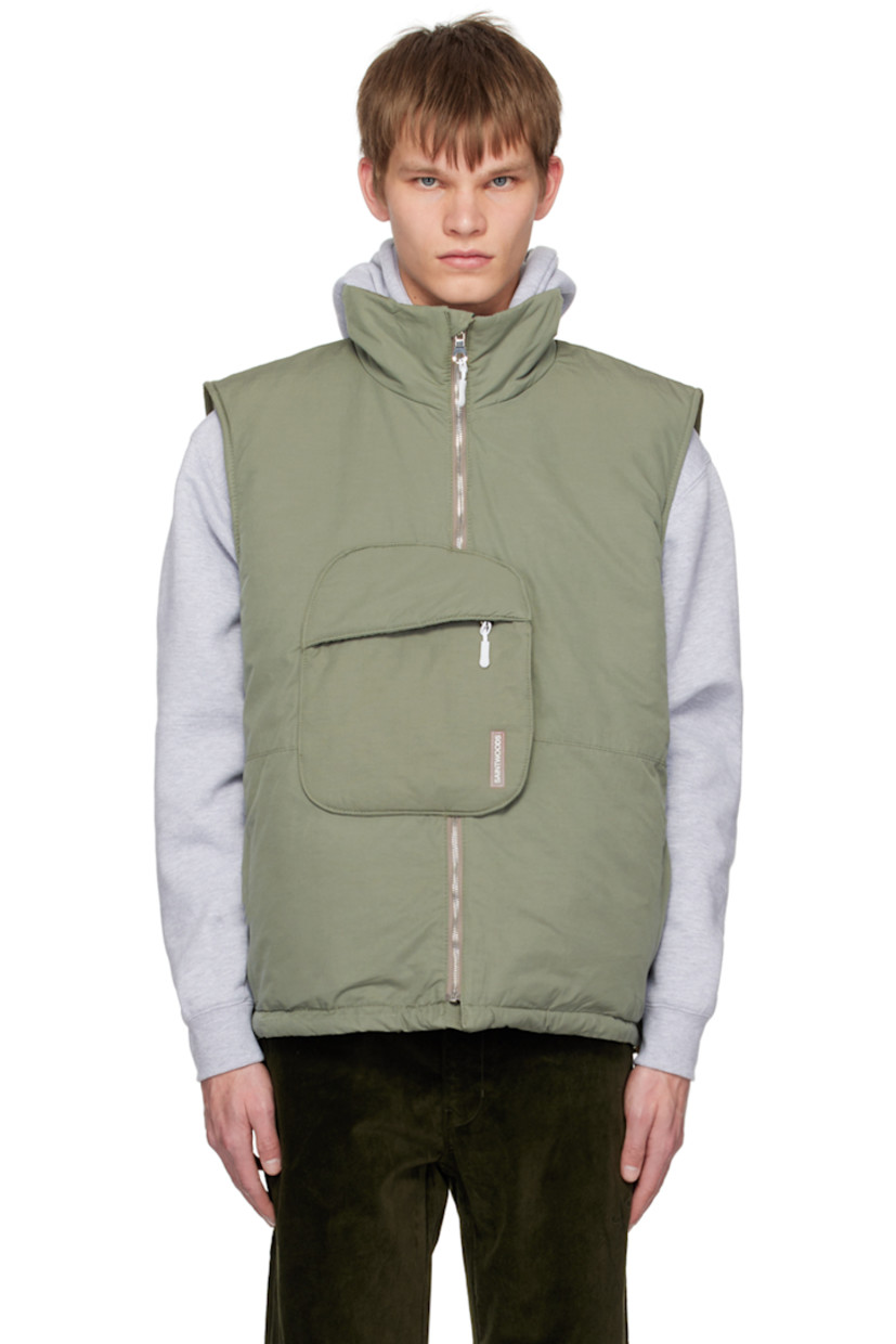 Insulated cotton and nylone-blend faille vest. 

· Funnel neck
· Zip closure
· Patch pocket with concealed zip closure
· Rubberized logo patch at front
· Zip pockets at waist
· Bungee-style drawstring at hem
· Logo flag at side seam
· Patch pocket at interior
· Full ripstop lining

Supplier color: Dusty sage
