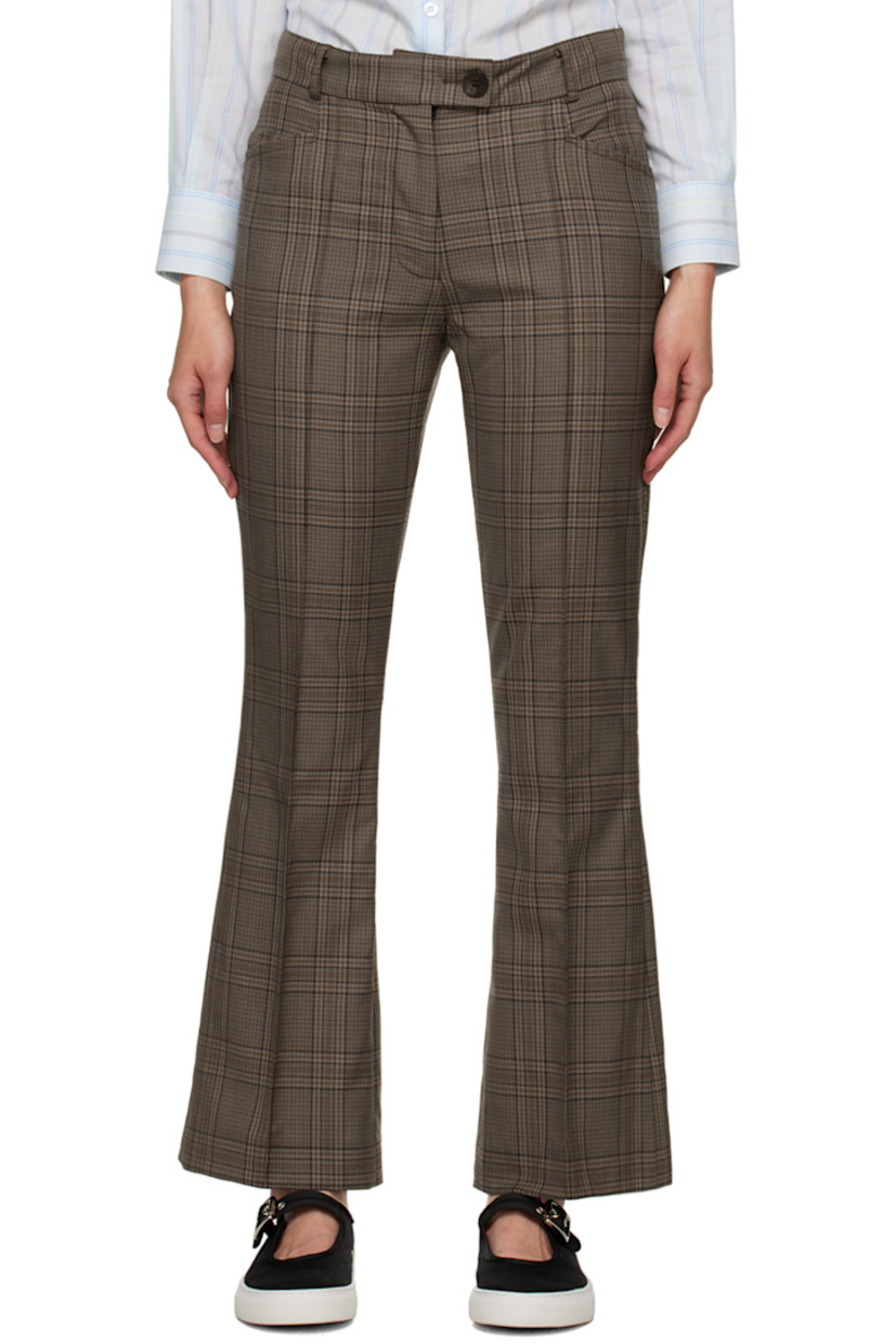 Virgin wool delaine trousers. Check pattern throughout. 

· Belt loops 
· Four-pocket styling 
· Zip-fly 
· Pinched seam at front 
· Central crease at back 

Supplier color: Beige & brown check