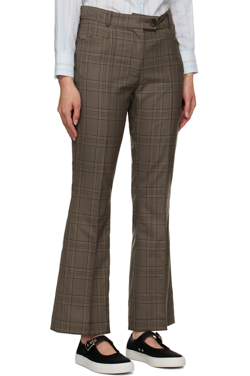 Virgin wool delaine trousers. Check pattern throughout. 

· Belt loops 
· Four-pocket styling 
· Zip-fly 
· Pinched seam at front 
· Central crease at back 

Supplier color: Beige & brown check