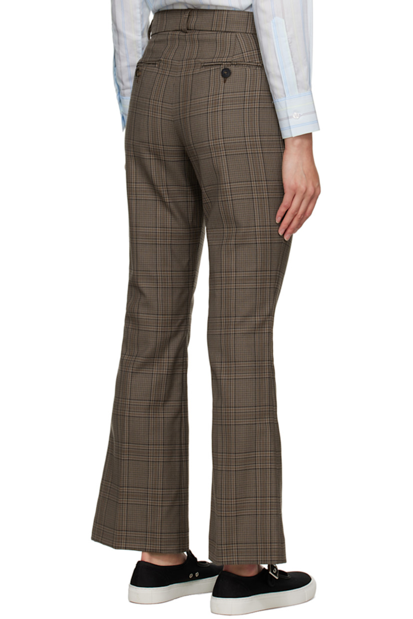 Virgin wool delaine trousers. Check pattern throughout. 

· Belt loops 
· Four-pocket styling 
· Zip-fly 
· Pinched seam at front 
· Central crease at back 

Supplier color: Beige & brown check
