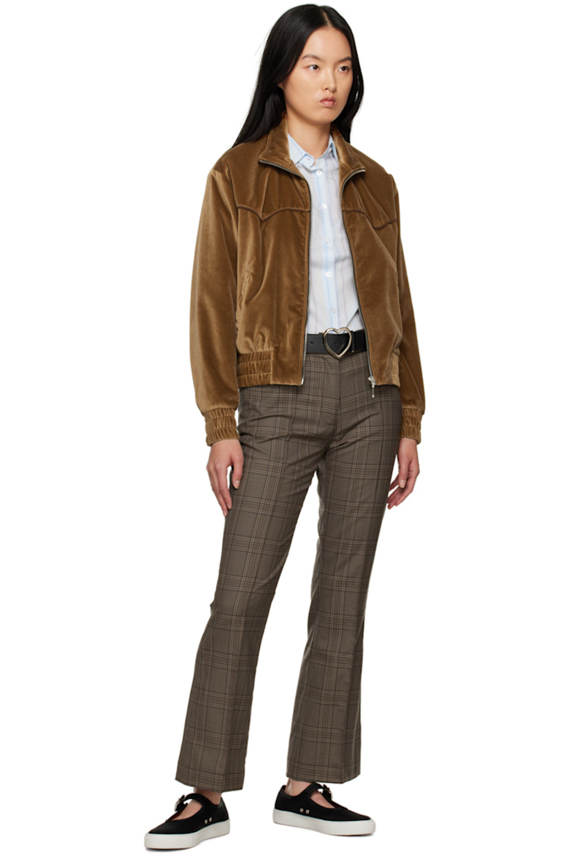 Virgin wool delaine trousers. Check pattern throughout. 

· Belt loops 
· Four-pocket styling 
· Zip-fly 
· Pinched seam at front 
· Central crease at back 

Supplier color: Beige & brown check