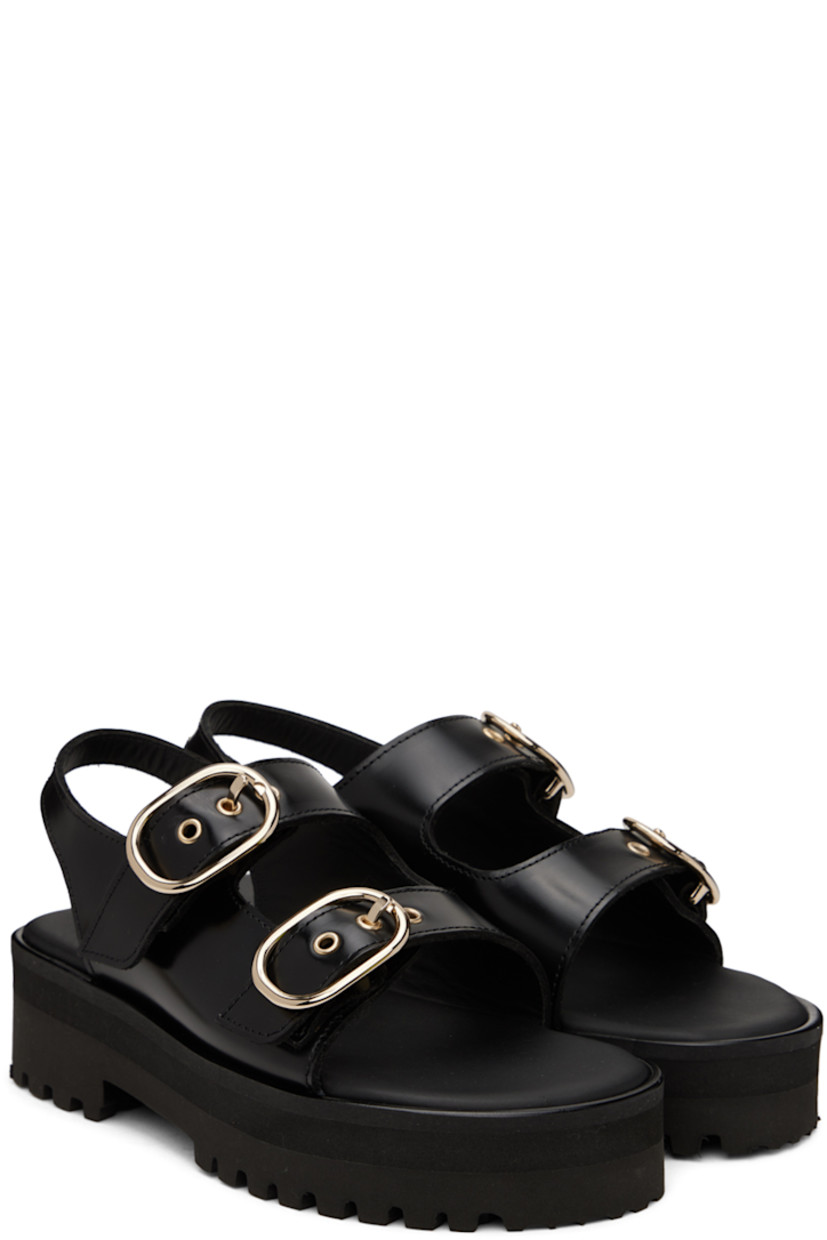 Polished calfskin sandals in black.

· Open round toe
· Adjustable pin-buckle straps at vamp
· Fixed slingback strap
· Padded leather footbed
· Platform foam rubber midsole
· Treaded foam rubber outsole
· Platform: H1.5 in

Supplier color: Black