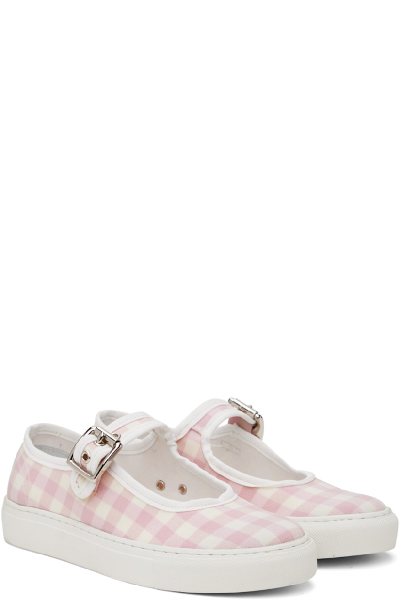 Canvas low top mary-jane style sneakers in pink. Check pattern woven throughout. 

· Pin buckle strap at vamp
· Eyelet vents at side
· Gold-tone logo stamped at padded footbed
· Rubberized logo patch at heel
· Textured rubber midsole
· Treaded rubber outsole

Supplier color: Pink check
