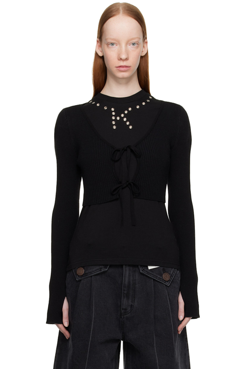Rib knit rayon-blend cardigan.

· V-neck
· Self-tie straps at open front
· Cropped hem
· Thumbhole at cuffs

Supplier color: Black