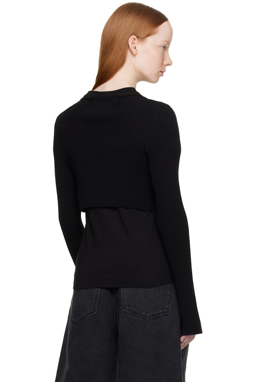 Rib knit rayon-blend cardigan.

· V-neck
· Self-tie straps at open front
· Cropped hem
· Thumbhole at cuffs

Supplier color: Black