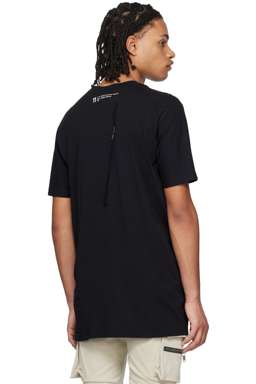 Garment-dyed cotton jersey T-shirt. 

· Rib knit crewneck
· Logo and text printed at front and back collar
· Drawstring at back collar 
· Offset seam at back

Each item is unique. Please note that coloration may vary.

Supplier color: Black dye