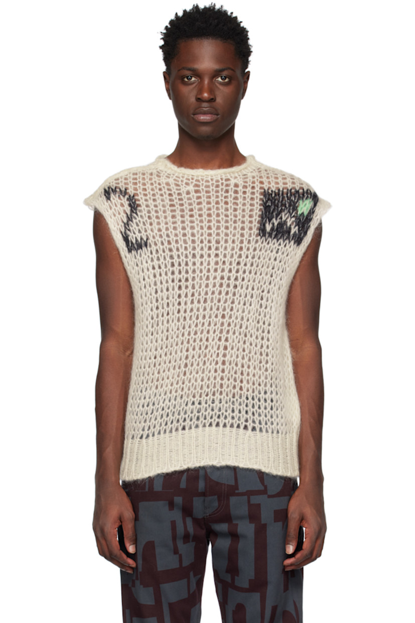 Open knit mohair-blend vest.

· Crewneck 
· Jacquard graphics at chest
· Rib knit hem

Supplier color: Ecru