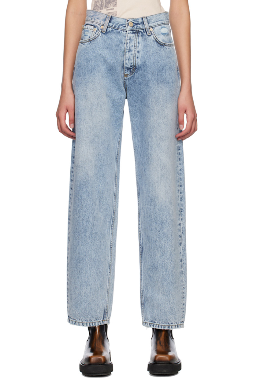 Non-stretch denim jeans. Fading and subtle distressing throughout. 

· Belt loops 
· Five-pocket styling 
· Button-fly 
· Logo patch at coin pocket 
· Rubberized logo patch at back waistband
· Logo graphic embroidered at back pocket
· Contrast stitching in beige 

Supplier color: Light stone