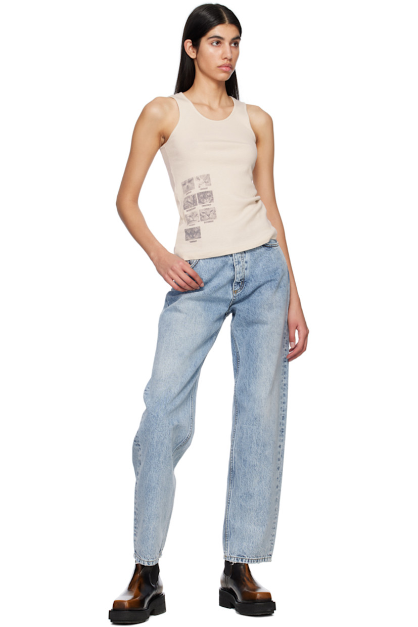Non-stretch denim jeans. Fading and subtle distressing throughout. 

· Belt loops 
· Five-pocket styling 
· Button-fly 
· Logo patch at coin pocket 
· Rubberized logo patch at back waistband
· Logo graphic embroidered at back pocket
· Contrast stitching in beige 

Supplier color: Light stone