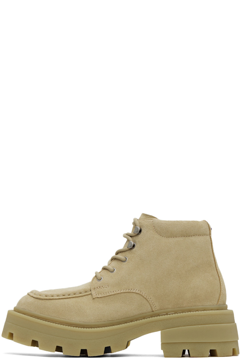 Ankle-high nubuck boots in beige.

· Square moc toe
· Lace-up closure
· Rubberized logo patch at tongue
· Padded collar
· Buffed leather lining
· Textured rubber platform midsole
· Treaded rubber outsole
· Heel: H2.25 in
· Platform: H1.25 in

Supplier color: Gobi