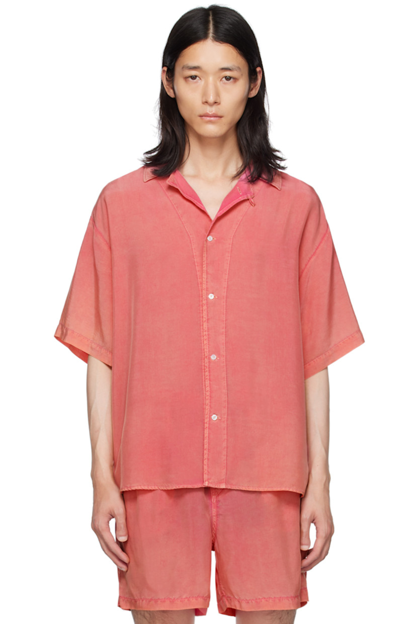 Garment-washed cupro poplin shirt. 

· Open spread collar
· Button closure
· Vented side seams
· Dropped shoulders
· Locker loop at back yoke
· Mother-of-pearl hardware

Supplier color: Pink opal
