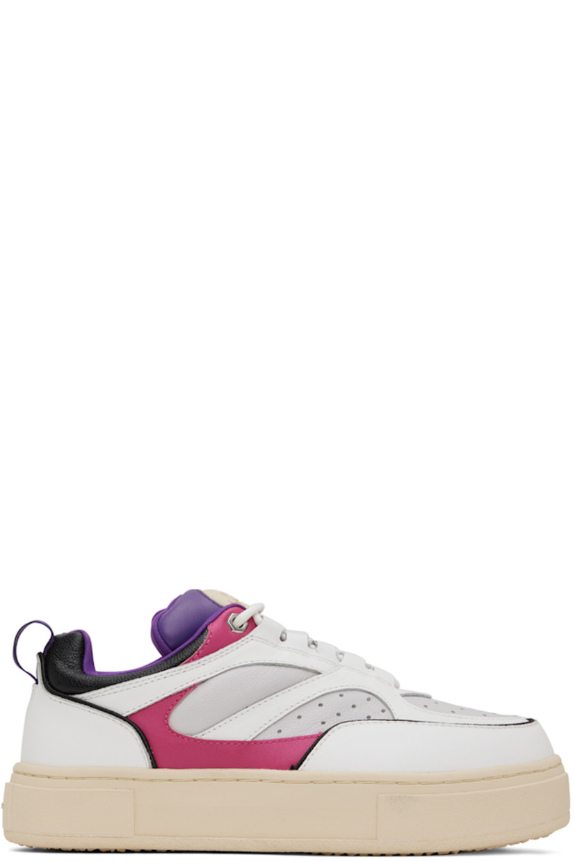 Low-top paneled buffed leather and grained leather sneakers in white.

· Perforated detailing at round toe
· Lace-up closure
· Rubberized logo patch at padded tongue
· Webbing pull-loop at padded collar
· Jersey lining in purple
· Rubber platform midsole
· Treaded rubber outsole
· Platform: H1.5 in

Supplier color: Hyacinth