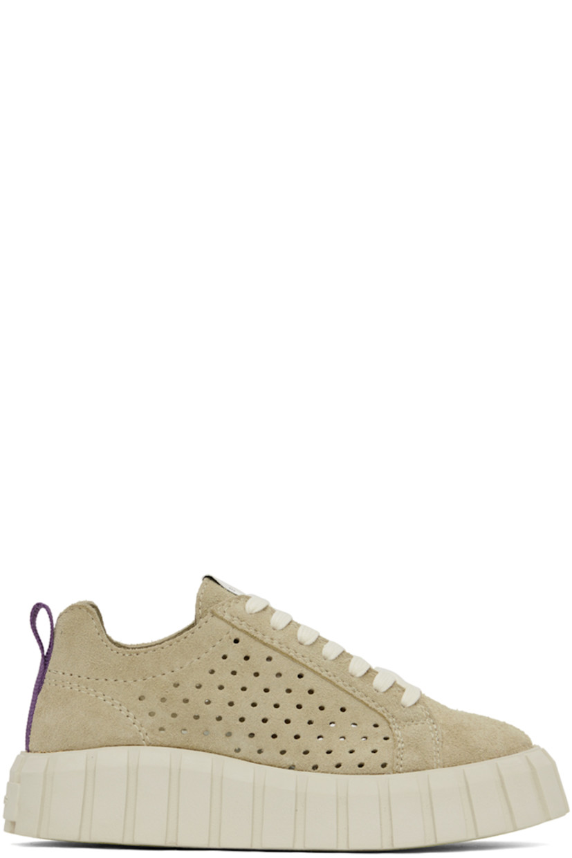 Low-top suede sneakers in beige. Perforated detailing throughout. 

· Lace-up closure
· Logo patch at tongue
· Webbing pull-loop at heel collar  
· Logo embossed at heel
· Textured rubber platform midsole
· Treaded rubber outsole
· Platform: H2 in

Supplier color: Suede elm