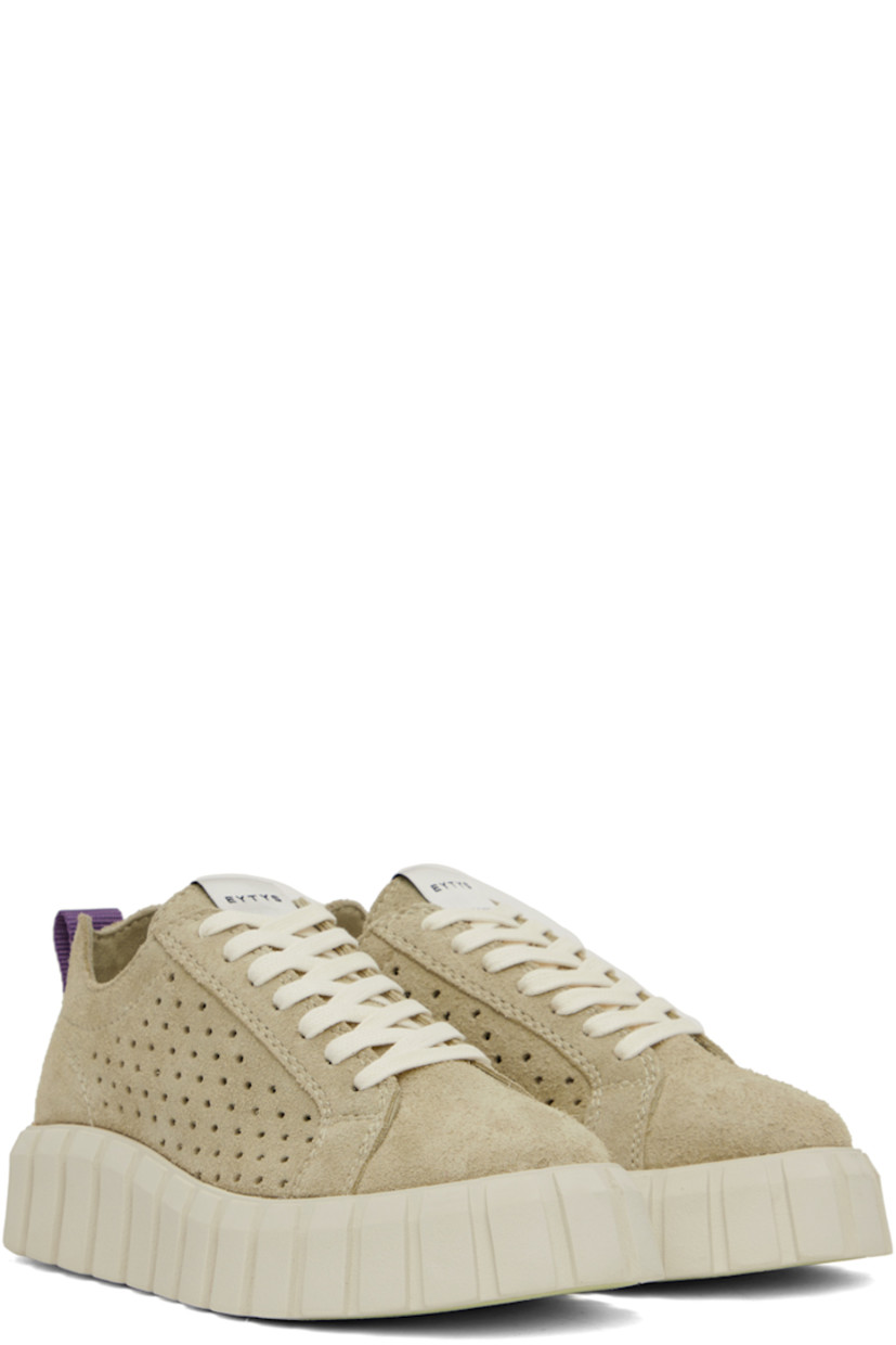 Low-top suede sneakers in beige. Perforated detailing throughout. 

· Lace-up closure
· Logo patch at tongue
· Webbing pull-loop at heel collar  
· Logo embossed at heel
· Textured rubber platform midsole
· Treaded rubber outsole
· Platform: H2 in

Supplier color: Suede elm