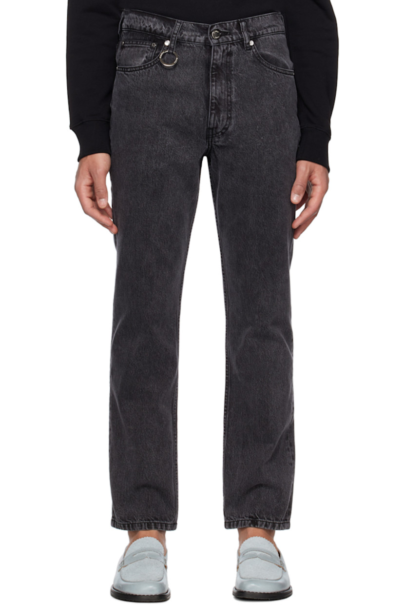 Slim-fit non-stretch organic denim jeans. Fading throughout.

· Mid-rise
· Belt loops
· O-ring hardware at front
· Five-pocket styling
· Zip-fly
· Leather logo patch at waistband

Supplier color: Black