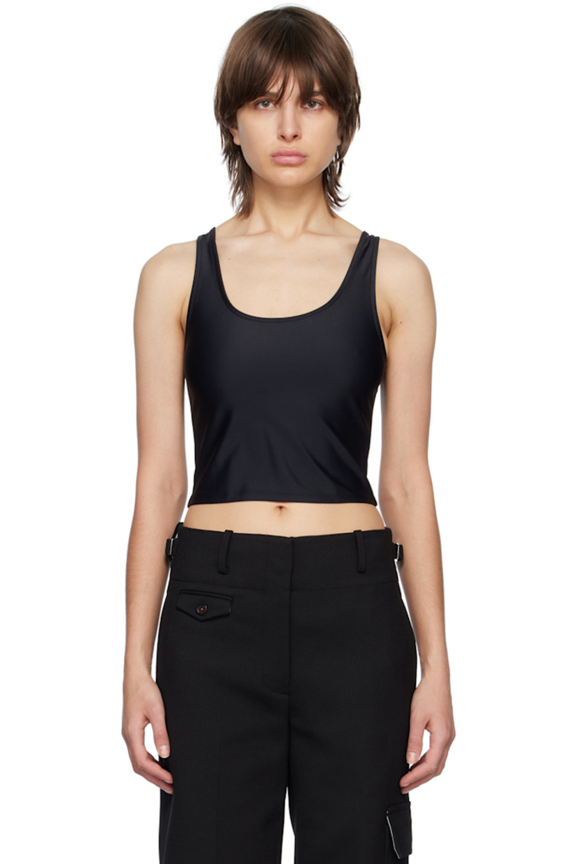 Stretch recycled polyester jersey tank top. Gathering throughout.

· Scoop neck
· Cropped hem
· Logo printed at back

Supplier color: Black econyl